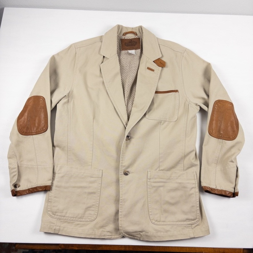 Roundtree Yorke Blazer Mens M Khaki Leather Elbow Patch‎ Safari Sport Coat 90s
